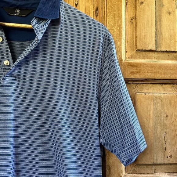 Hart Schaffner Marx Medium Short‎ Sleeve Polo Shirt Blue White Striped - Picture 2 of 6